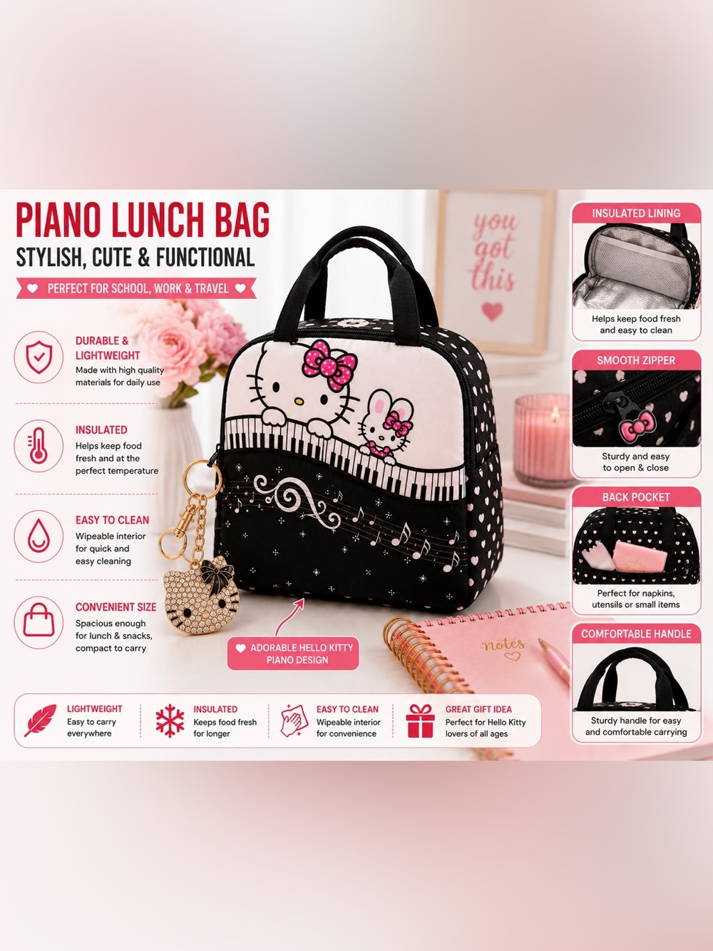 Hello Kitty Kids Black & White Musical Lunch Bag - Picture 7 of 8